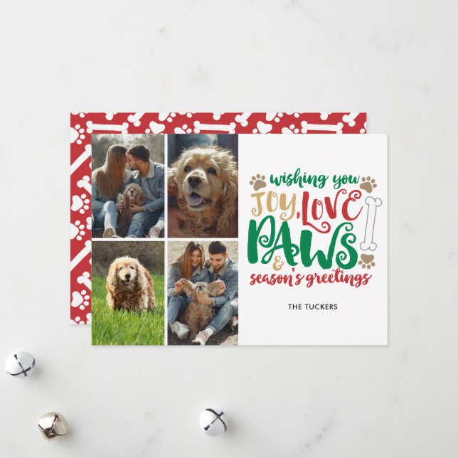 Cartes Pour Fêtes Annuelles Joy Love Paws Saison's Greeting Chig Red 4-Photo (Devant/Arrière en situation)