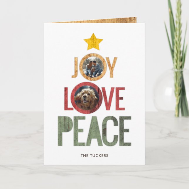 Cartes Pour Fêtes Annuelles Joy Love Peace Rustic Photo Christmas Tree Holiday (Devant)