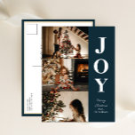 Cartes Pour Fêtes Annuelles Joy Modern Blue Christmas 3 Photo Collage<br><div class="desc">Joy Modern Blue Christmas 3 Photo Collage Modern Holiday Postcard. Envoyez des voeux de vacances à vos proches avec cette carte de vacances moderne et festive. Tous les textes sont pré-arrangés pour que vous personnalisiez facilement et rapidement avec vos propres détails. Joyeuses fêtes !</div>