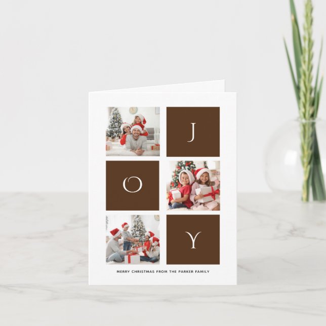 Cartes Pour Fêtes Annuelles JOY Modern Brown Fun Script Photo Collage Simple (Devant)