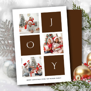 Cartes Pour Fêtes Annuelles JOY Modern Brown Fun Script Photo Collage Simple