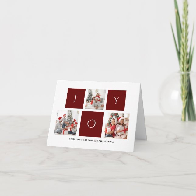Cartes Pour Fêtes Annuelles JOY Modern Red Fun Script photo Collage minimalist (Devant)