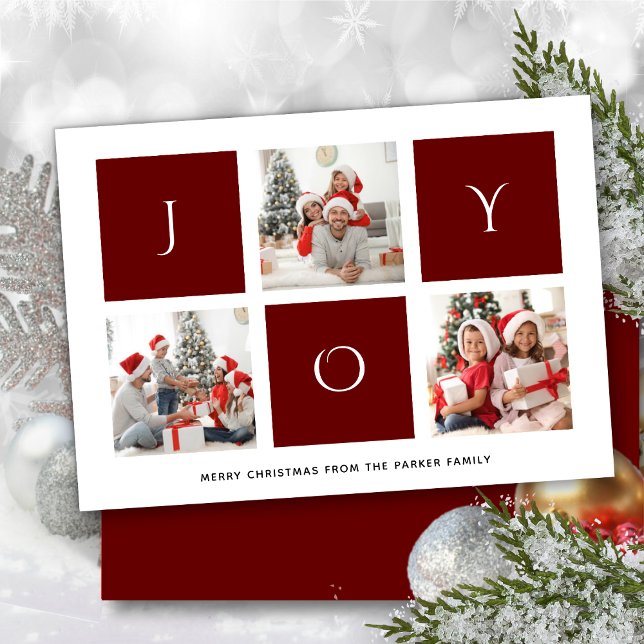 Cartes Pour Fêtes Annuelles JOY Modern Red Fun Script photo Collage minimalist (Créateur téléchargé)
