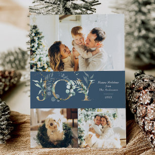 Cartes Pour Fêtes Annuelles JOY Moderne 3 Photo Or Greenery Bleu