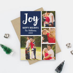 Cartes Pour Fêtes Annuelles Joy Navy Bleu Brossé Script photo Collage