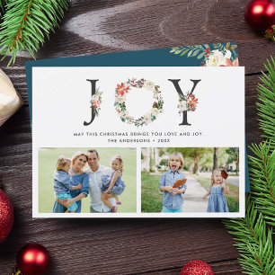 Cartes Pour Fêtes Annuelles JOY Noël Floral Wreath Two Photos Collage