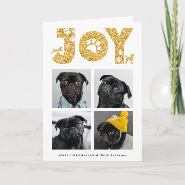 Cartes Pour Fêtes Annuelles JOY Paws Gold | Pet Lovers Four Photo Collage (Devant)