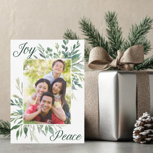 Cartes Pour Fêtes Annuelles Joy Peace Elegant Botanical Green Family Photo