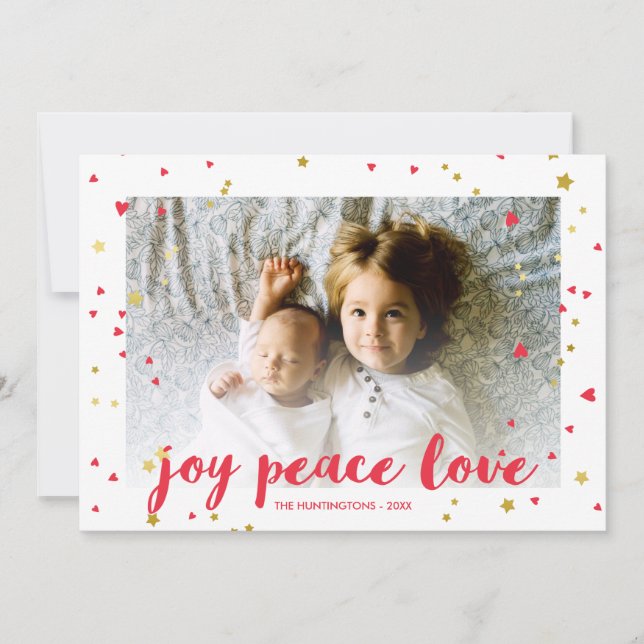 Cartes Pour Fêtes Annuelles Joy Peace Love | Coeurs et étoiles | Photo de Noël (Devant)
