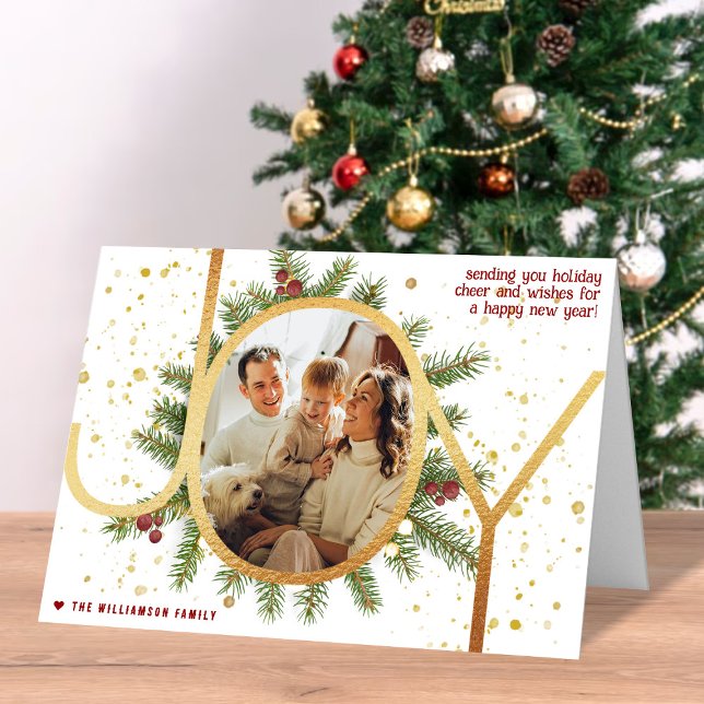 Cartes Pour Fêtes Annuelles Joy Pine Boughs Wreath Photo de Noël (Créateur téléchargé)