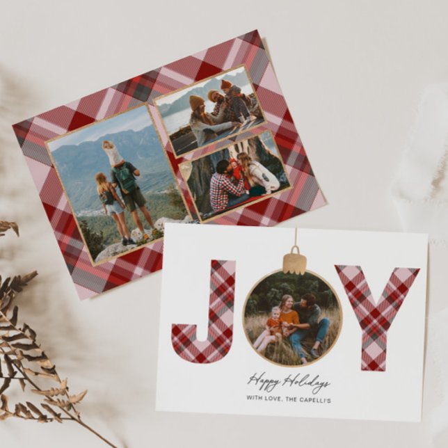 Cartes Pour Fêtes Annuelles JOY Pink Plaid Multi Photo Holiday Card (Créateur téléchargé)
