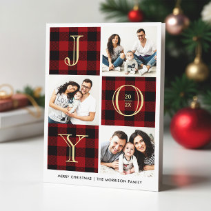 Cartes Pour Fêtes Annuelles JOY   Red Buffalo Plaid Photo Collage