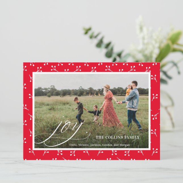 Cartes Pour Fêtes Annuelles Joy Red Frame Berry Motif Photo Noël (Debout devant)