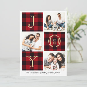 Cartes Pour Fêtes Annuelles JOY   Red Plaid Photo Collage