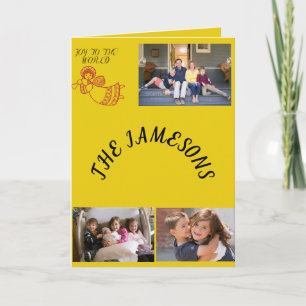 Cartes Pour Fêtes Annuelles Joy To The World 3 Photos Arrière - plan Jaune