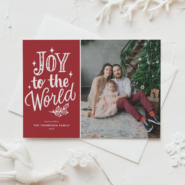 Cartes Pour Fêtes Annuelles Joy To The World Christmas Carol Red Photo (Celebrate the season with this customizable red "Joy to the World" photo Christmas postcard.)