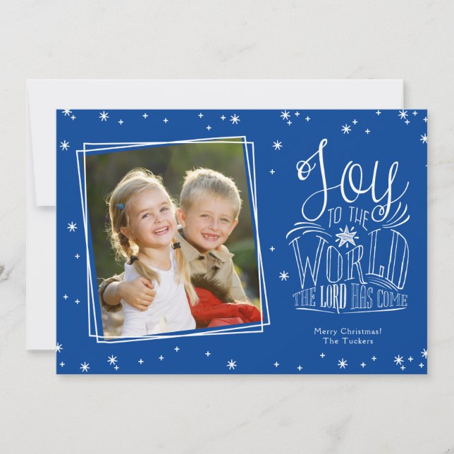 Cartes Pour Fêtes Annuelles Joy to the World manuscrit photo bleue Noël (Devant)