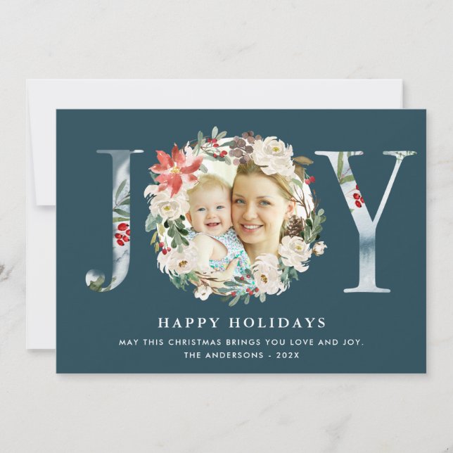 Cartes Pour Fêtes Annuelles JOY Typographie Poinsettia Floral Wreath Photo (Devant)