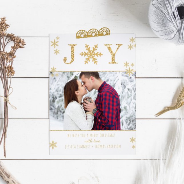 Cartes Pour Fêtes Annuelles "Joy" White & Gold Snowflakes (Créateur téléchargé)