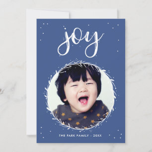 Cartes Pour Fêtes Annuelles Joy Wreath - Photo de vacances en bleu et blanc