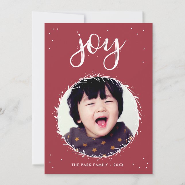 Cartes Pour Fêtes Annuelles Joy Wreath - Photo de vacances Rouge & Blanc (Devant)
