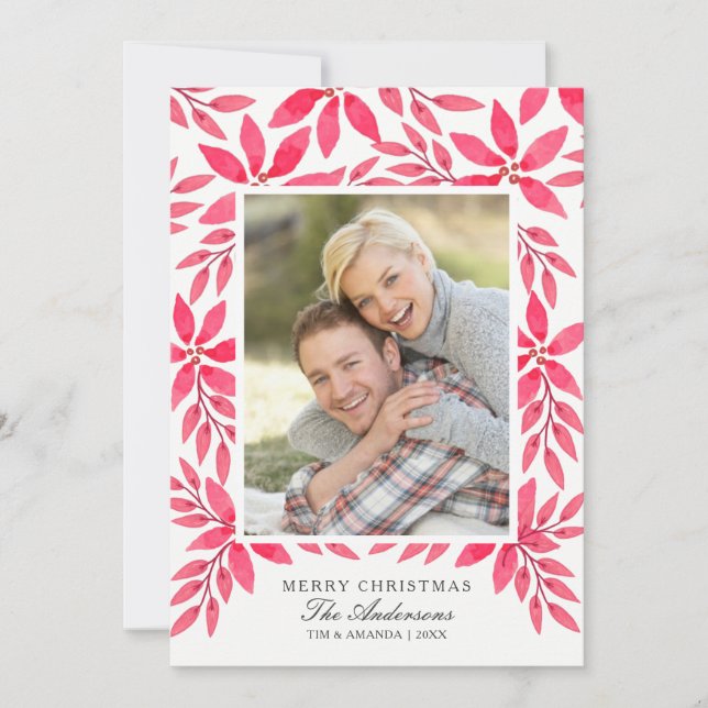 Cartes Pour Fêtes Annuelles Joyeuse aquarelle de Noël Peint Poinsettia (Devant)