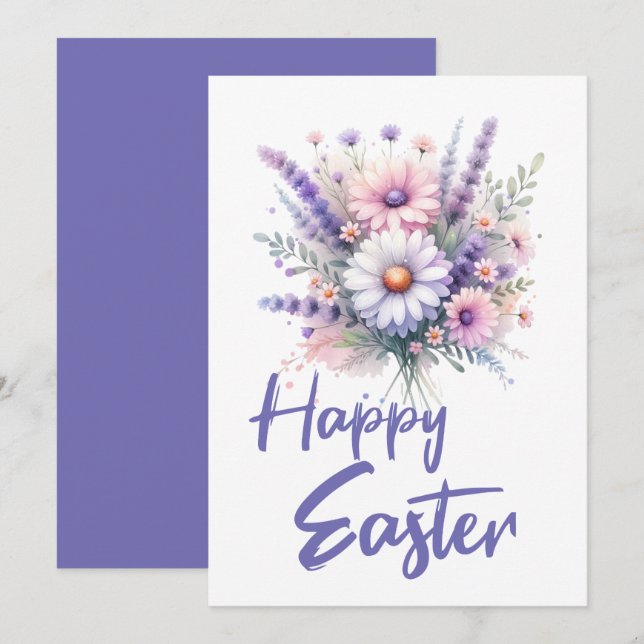 Cartes Pour Fêtes Annuelles Joyeuse aquarelle de Pâques Bouquet de fleurs de p (Devant / Derrière)