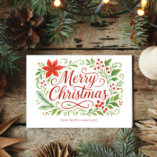 Cartes Pour Fêtes Annuelles Joyeuse calligraphie de Noël Poinsettias rouges