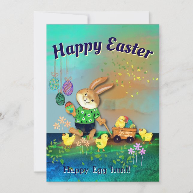 Cartes Pour Fêtes Annuelles Joyeuse chasse aux oeufs Bunny & Chicks Green Holi (Devant)