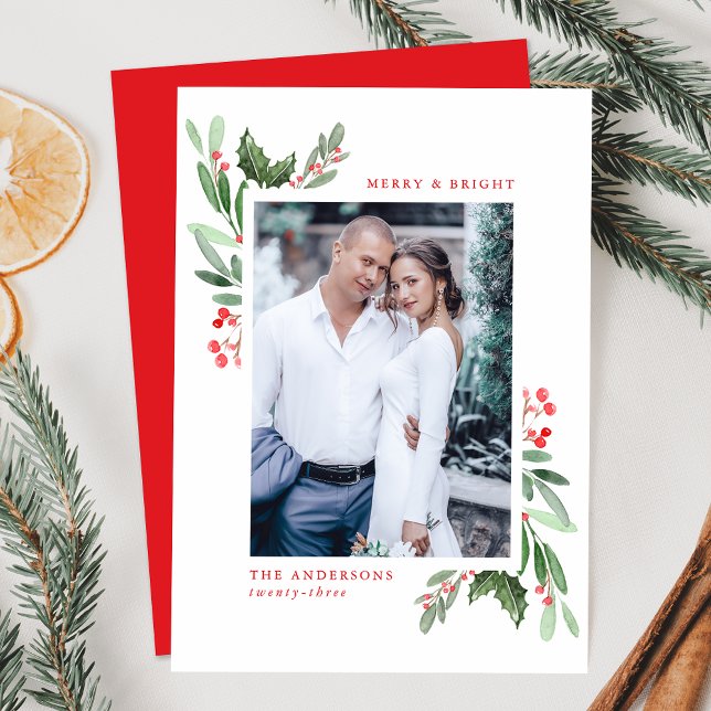 Cartes Pour Fêtes Annuelles Joyeuse et brillante aquarelle Holly Berries Photo (Créateur téléchargé)