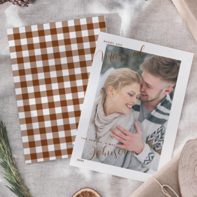 Cartes Pour Fêtes Annuelles Joyeuse et mariée Typographie de script Plaid Phot (Créateur téléchargé)