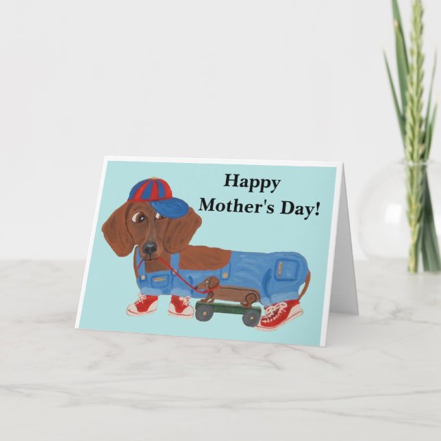 Cartes Pour Fêtes Annuelles Joyeuse fête des mères Dachshund avec jouet à tire (Devant)