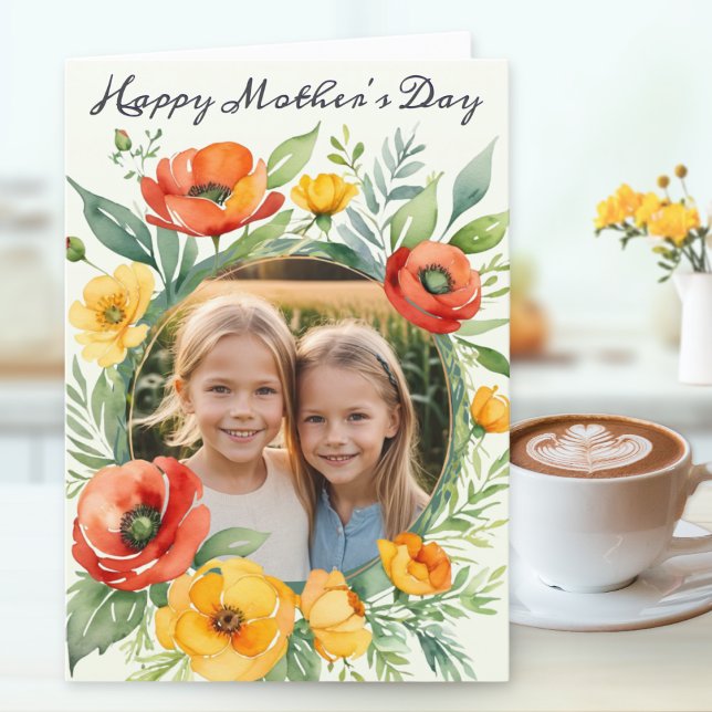 Cartes Pour Fêtes Annuelles Joyeuse fête des mères Fleur sauvage rustique Phot (A pretty Mother's Day card, with custom photo in a rustic floral surround in a watercolor style)