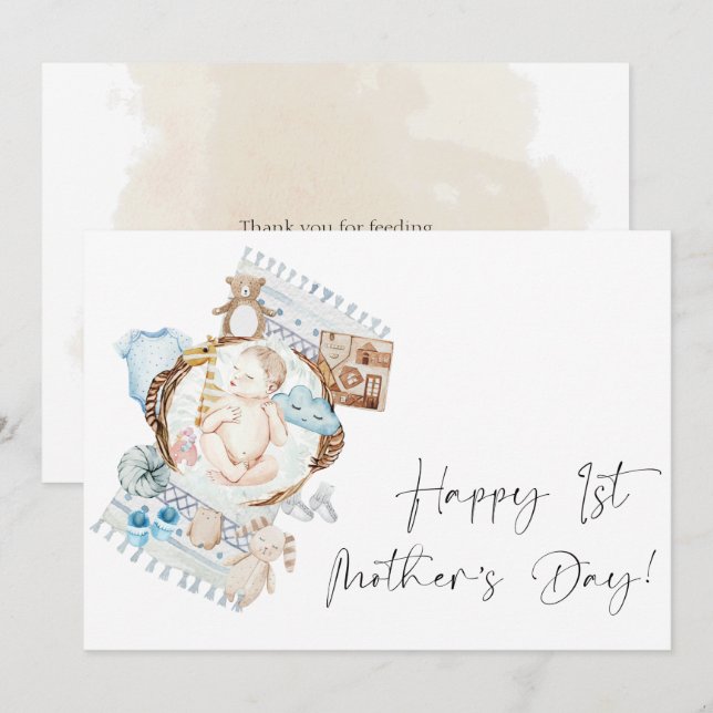 Cartes Pour Fêtes Annuelles Joyeuse fête des mères Floral Blue Boy (Devant / Derrière)