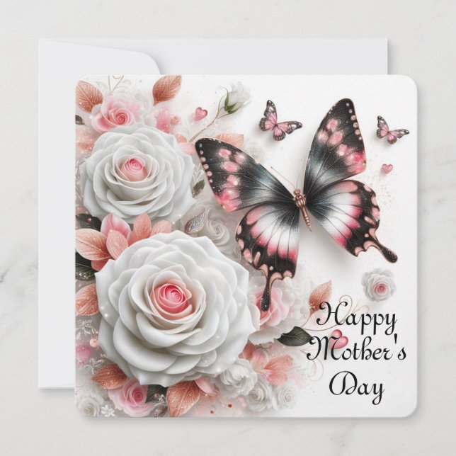 Cartes Pour Fêtes Annuelles Joyeuse Fête des Mères  Roses et Papillons (Devant)
