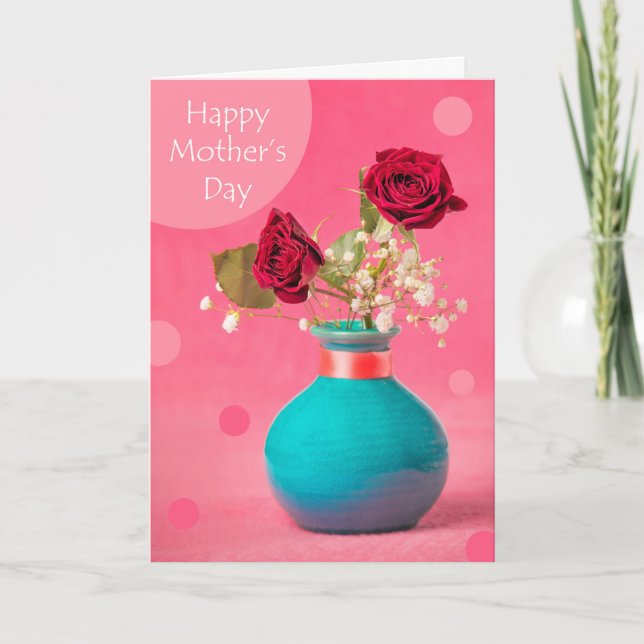 Cartes Pour Fêtes Annuelles Joyeuse Fête des Mères Roses Rouges dans un Vase B (Devant)