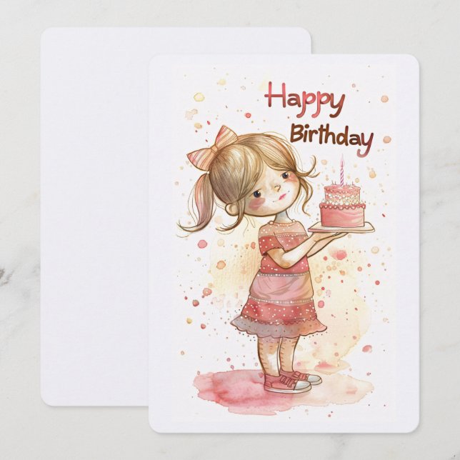 Cartes Pour Fêtes Annuelles Joyeuse fille anniversaire avec gâteau (Devant / Derrière)