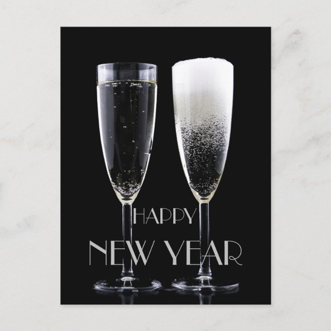 Cartes Pour Fêtes Annuelles Joyeuse nouvelle année Black White Champagne Flute (Devant)
