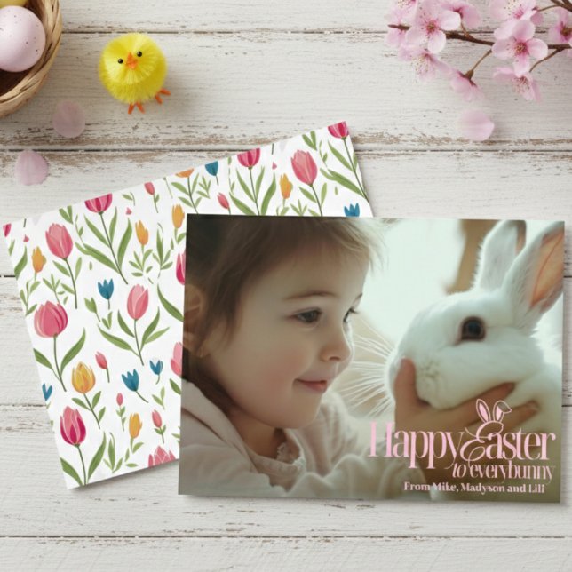 Cartes Pour Fêtes Annuelles Joyeuse Pâques à tout le texte rose Personnalisé P (Happy Easter To Everybunny Pink Text Custom Easter Holiday Card)