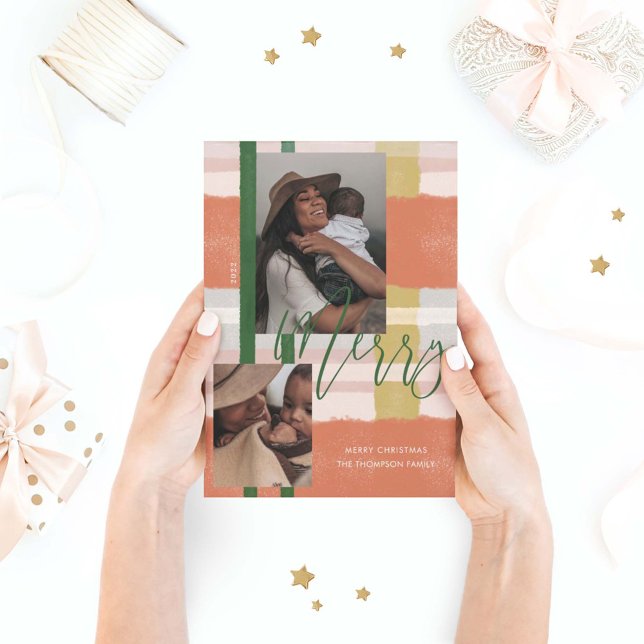 Cartes Pour Fêtes Annuelles Joyeuse Pêche Moderne & Vert Plaid Plaid Deux Phot (Créateur téléchargé)