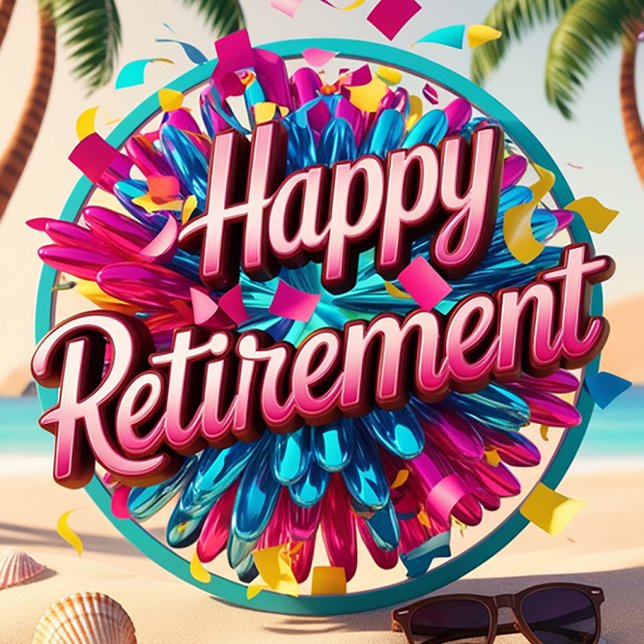Cartes Pour Fêtes Annuelles Joyeuse retraite  (A vibrant beach scene unfolds, showcasing a colorful retirement celebration.)