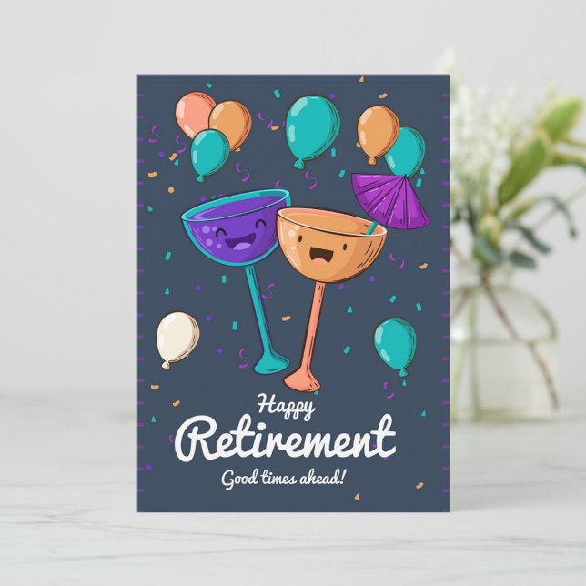 Cartes Pour Fêtes Annuelles Joyeuse retraite  (A vibrant animated scene unfolds, showcasing two cheerful cocktail glasses clinking together.)