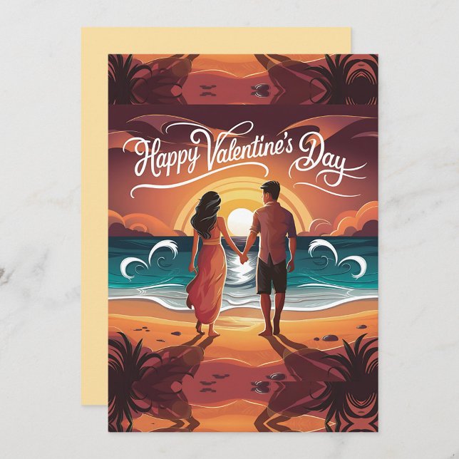 Cartes Pour Fêtes Annuelles Joyeuse Saint Valentin (A romantic scene unfolds as a couple stands hand in hand on a sunlit beach.)