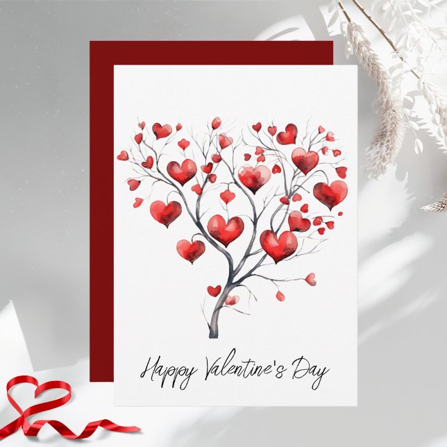 Cartes Pour Fêtes Annuelles Joyeuse Saint-Valentin Arbre Coeur Rouge Aquarelle (Créateur téléchargé)