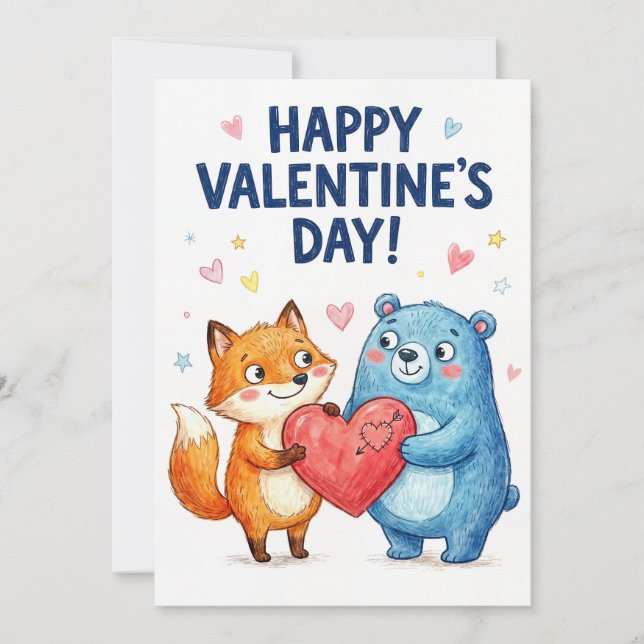 Cartes Pour Fêtes Annuelles Joyeuse Saint-Valentin - Ourson et Renard Amoureux (Devant)