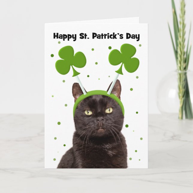 Cartes Pour Fêtes Annuelles Joyeuse St Patrick Chat Noir dans des Trèfles (Devant)