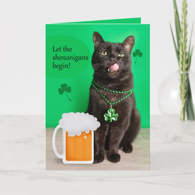 Cartes Pour Fêtes Annuelles Joyeuse St Patrick Fête Drôle Chat Avec Bière (Devant)
