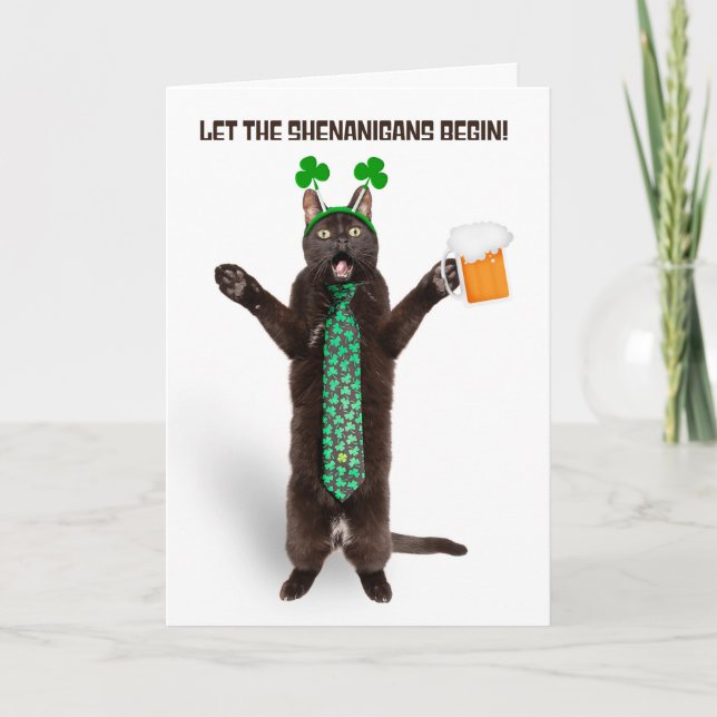 Cartes Pour Fêtes Annuelles Joyeuse St Patrick Funny Cat en cravate trèfle  (Devant)