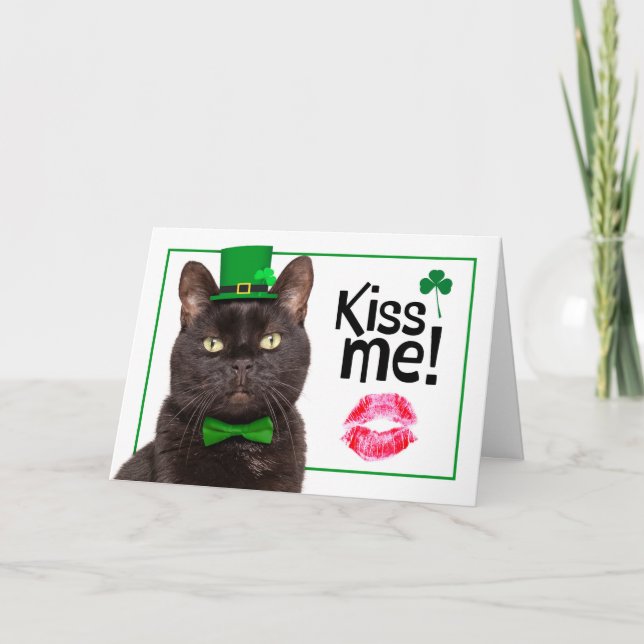 Cartes Pour Fêtes Annuelles Joyeuse St Patrick Kiss Me Chat au Chapeau Vert (Devant)