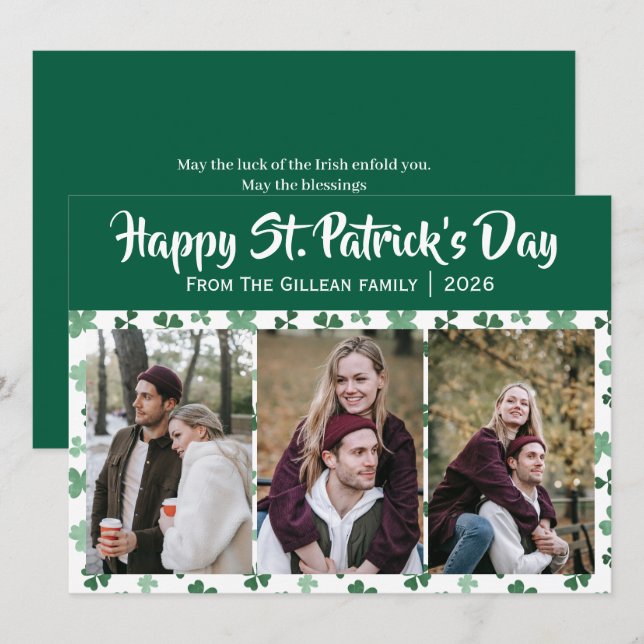 Cartes Pour Fêtes Annuelles Joyeuse St. Patrick shamrocks famille 3 photo (Devant / Derrière)